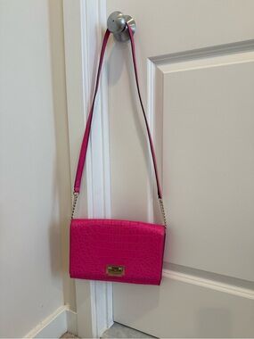 Hot Pink Croc-Embossed Crossbody Bag with Gold-Tone Hardware